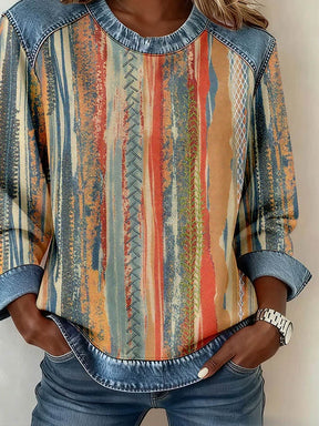 Winter Damen Sweatshirt Boho Denim Patchwork Pullover Warm