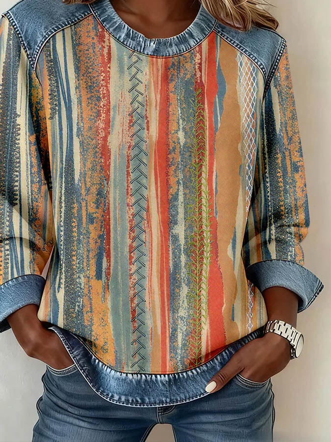 Winter Damen Sweatshirt Boho Denim Patchwork Pullover Warm