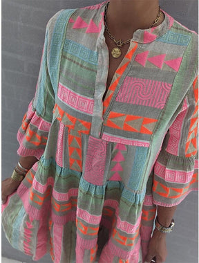 Fresh Print 3/4 Sleeve Mini Dress: Herbstshafter Farbenzauber für jeden Anlass