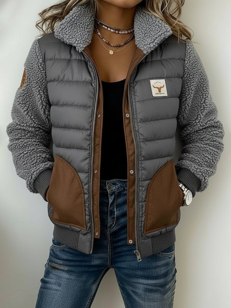 Damen Winter Steppjacke mit Teddyfleeceärmeln Grau Braun