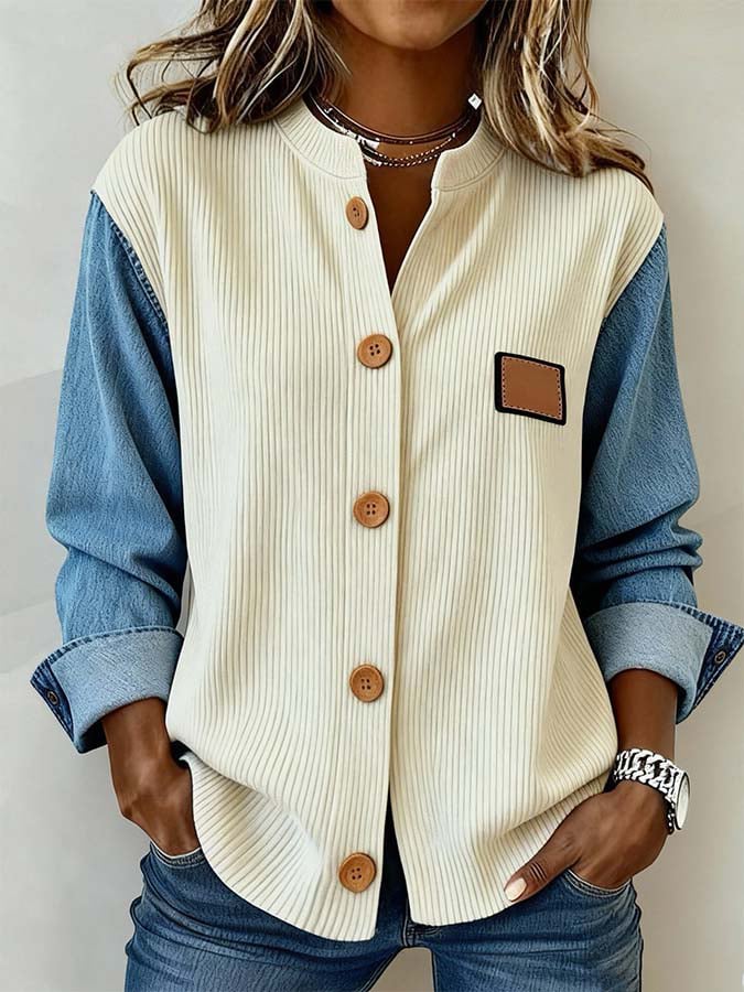 Winter Damen Denim Shirt cremeblau locker warm casual