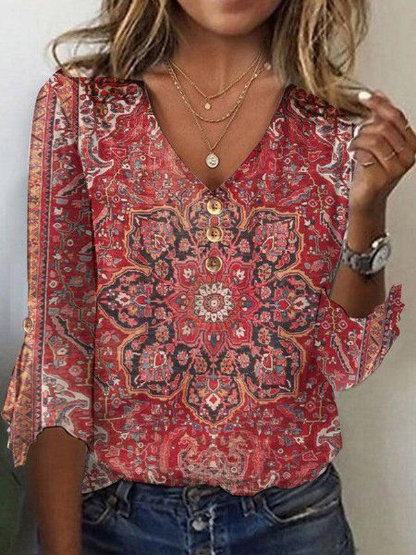 Rotes Winter V-Neck Top mit Mandala Print, 3/4 Ärmel