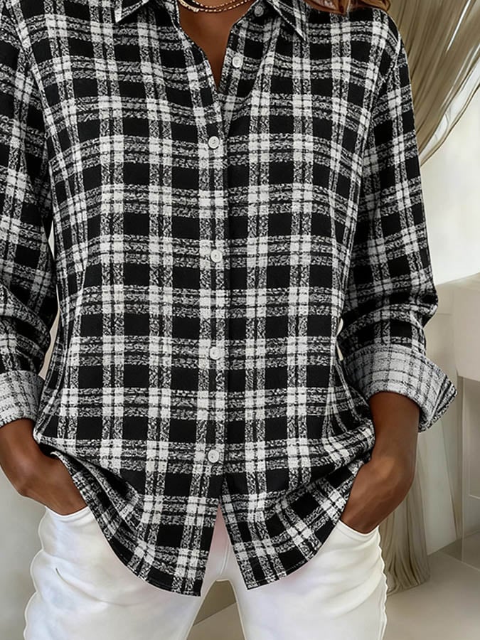 Winter Damen Karoshirt Loose Fit Schwarz Weiß Casual