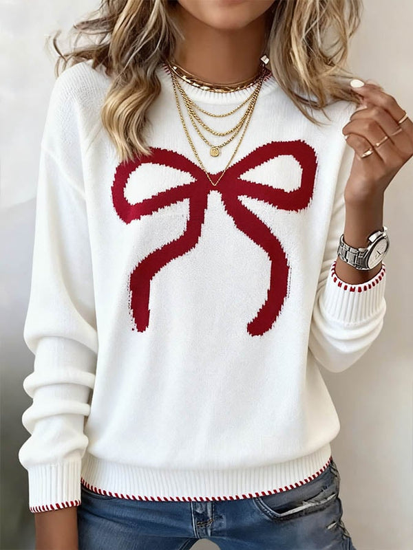 Winter Damen Pullover creme mit roter Schleife festlich warm