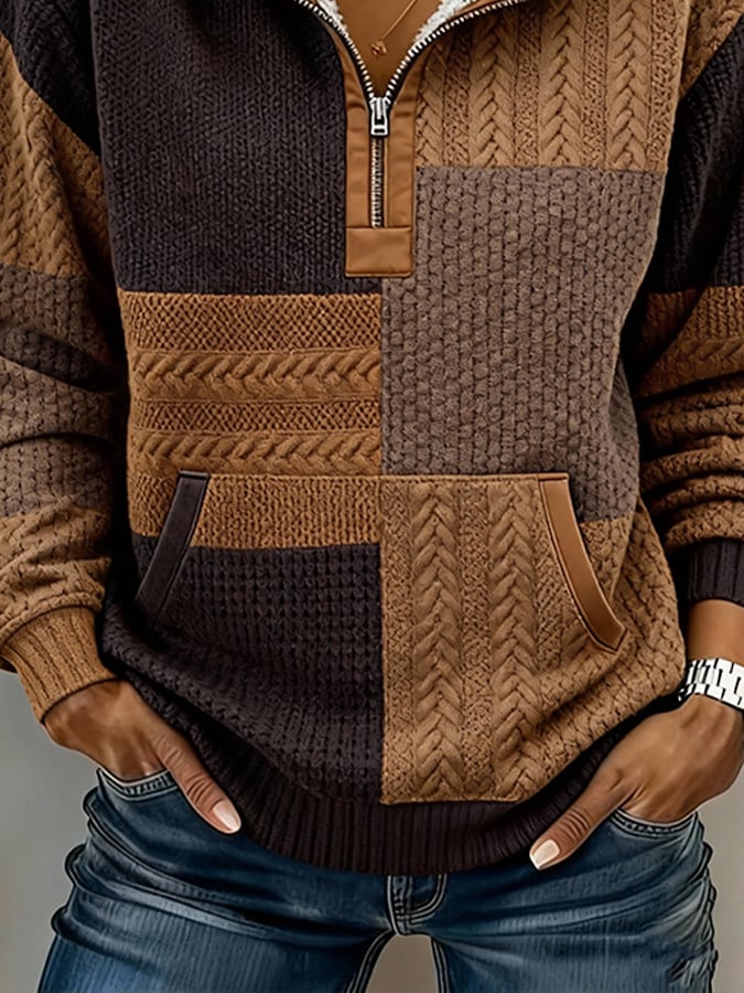 Kuscheliger Sherpa Half-Zip Pullover Winter Patchwork Braun