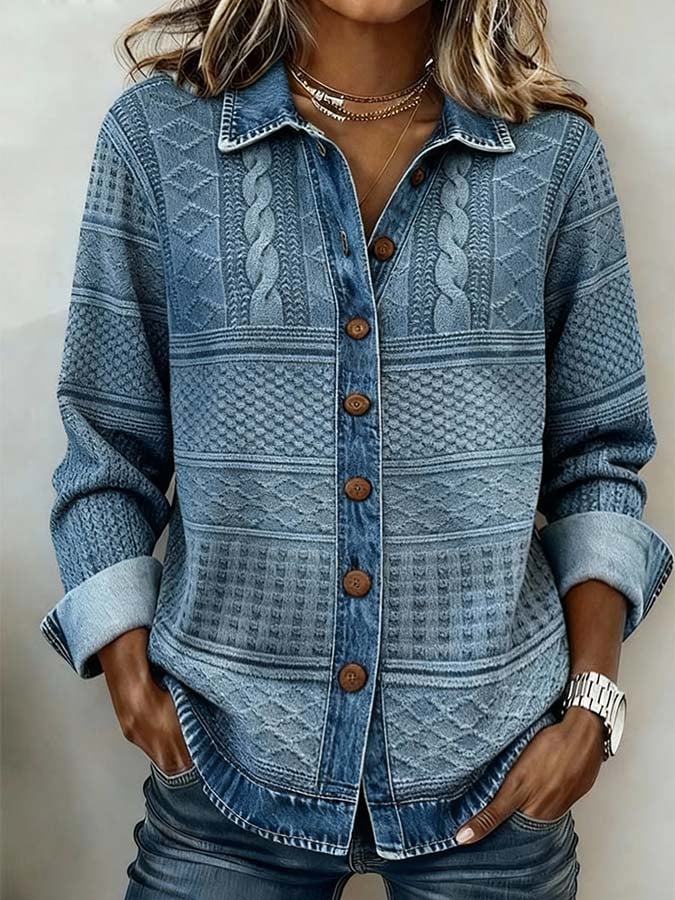 Winter Damen Denim Shirt Stricklook warmes Casual Hemd