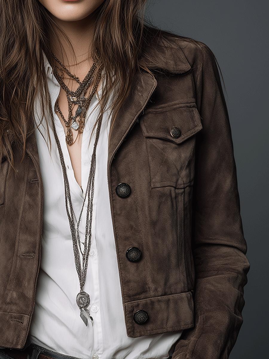 Brown Suede Military-Style Jacket – Vintage-Inspired With Button Front And\nPockets