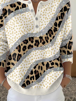 Winter Strickshirt Damen mit Sternen & Leo-Print, warm & chic