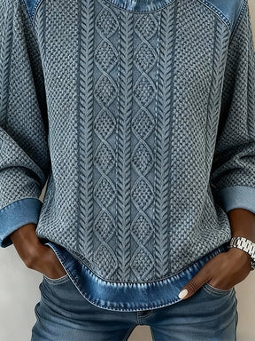 Winter Sweatshirt Zopfstrick-Optik Blau mit Denim Patchwork
