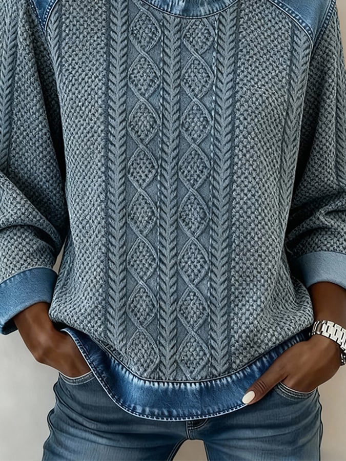 Winter Sweatshirt Zopfstrick-Optik Blau mit Denim Patchwork