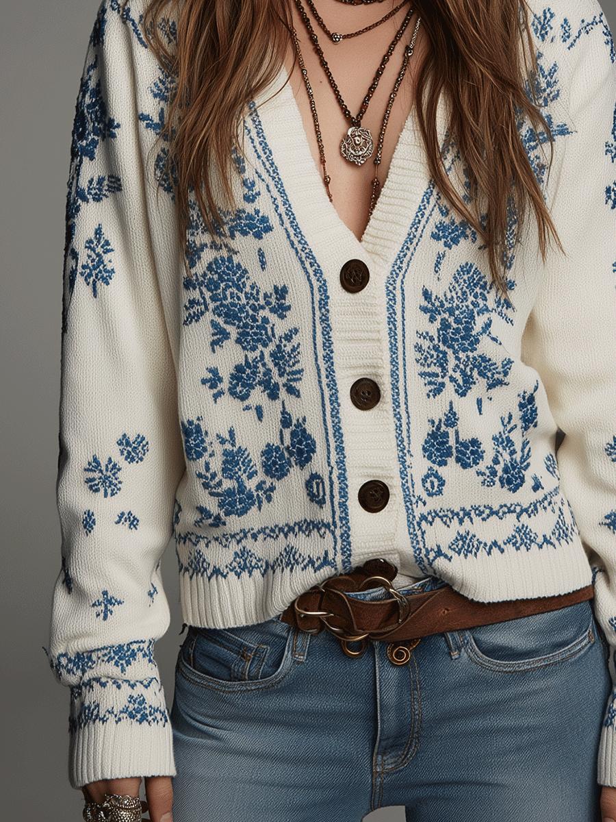 Herbstlicher Strickcardigan mit floralem Muster - Warm, elegant & pflegeleicht