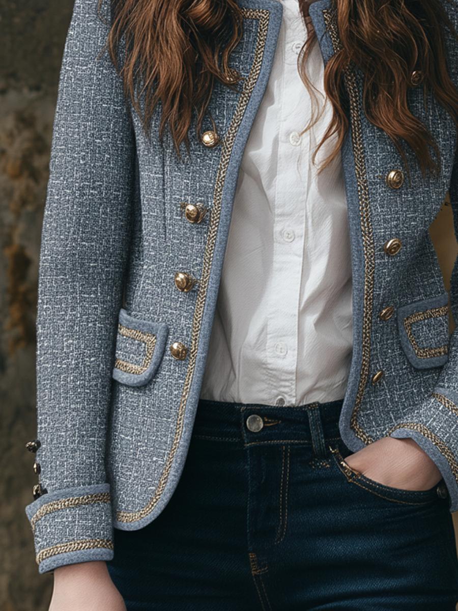 Herbstlicher Blue Tweed Double-Breasted Blazer - Luxus trifft Komfort