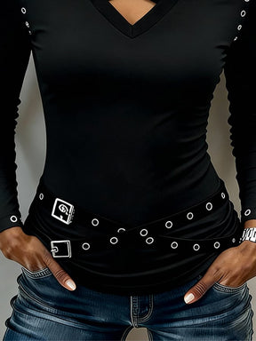 Schwarzes Winter V-Neck Top mit Metal-Straps, langarm, elegant
