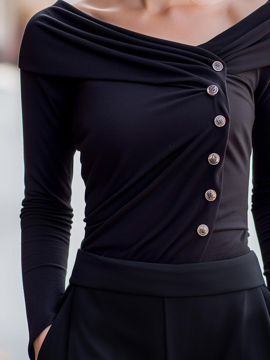 Winter-Eleganz: Cool Black Plain Button Front Top - Perfektes Layering-Piece