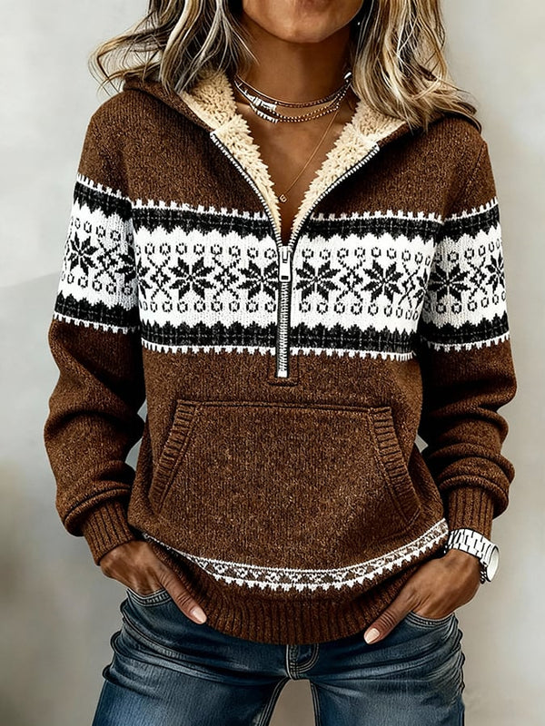 Damen Winter Hoodie Braun mit Norweger Muster Kuschelpullover