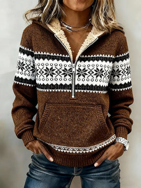 Damen Winter Hoodie Braun mit Norweger Muster Kuschelpullover