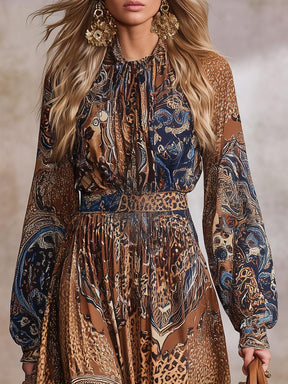 Winter-Boho-Chic: Maxi-Kleid mit Brauner Bohemian-Print für kalte Tage