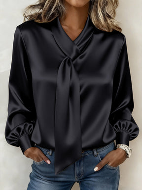 Winter Satin Blusenshirt Champagner mit Schleife Damen