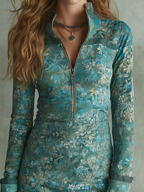 Blaues Winter Party Kleid mit Blumenprint und langen Ärmeln