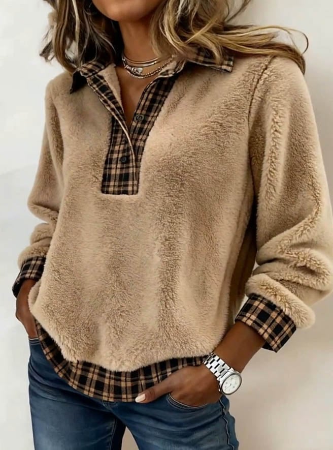 Kuscheliger Damen Fleece Pullover Winter Karo Beige Warm