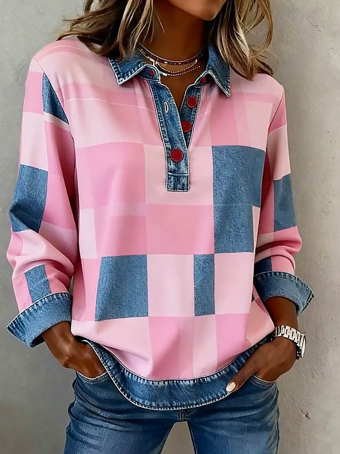 Damen Winter Karo Bluse rosa mit Jeanskragen – warm & casual