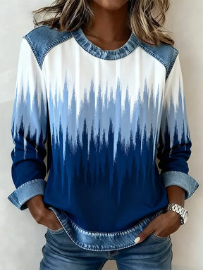 Winter Damen Pullover Denim Patchwork Blau Weiß Oversize