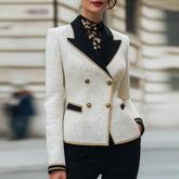 Winter Chic: Cremefarbener Color-Block-Tweed Doppelreihiger Blazer