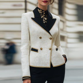 Winter Chic: Cremefarbener Color-Block-Tweed Doppelreihiger Blazer