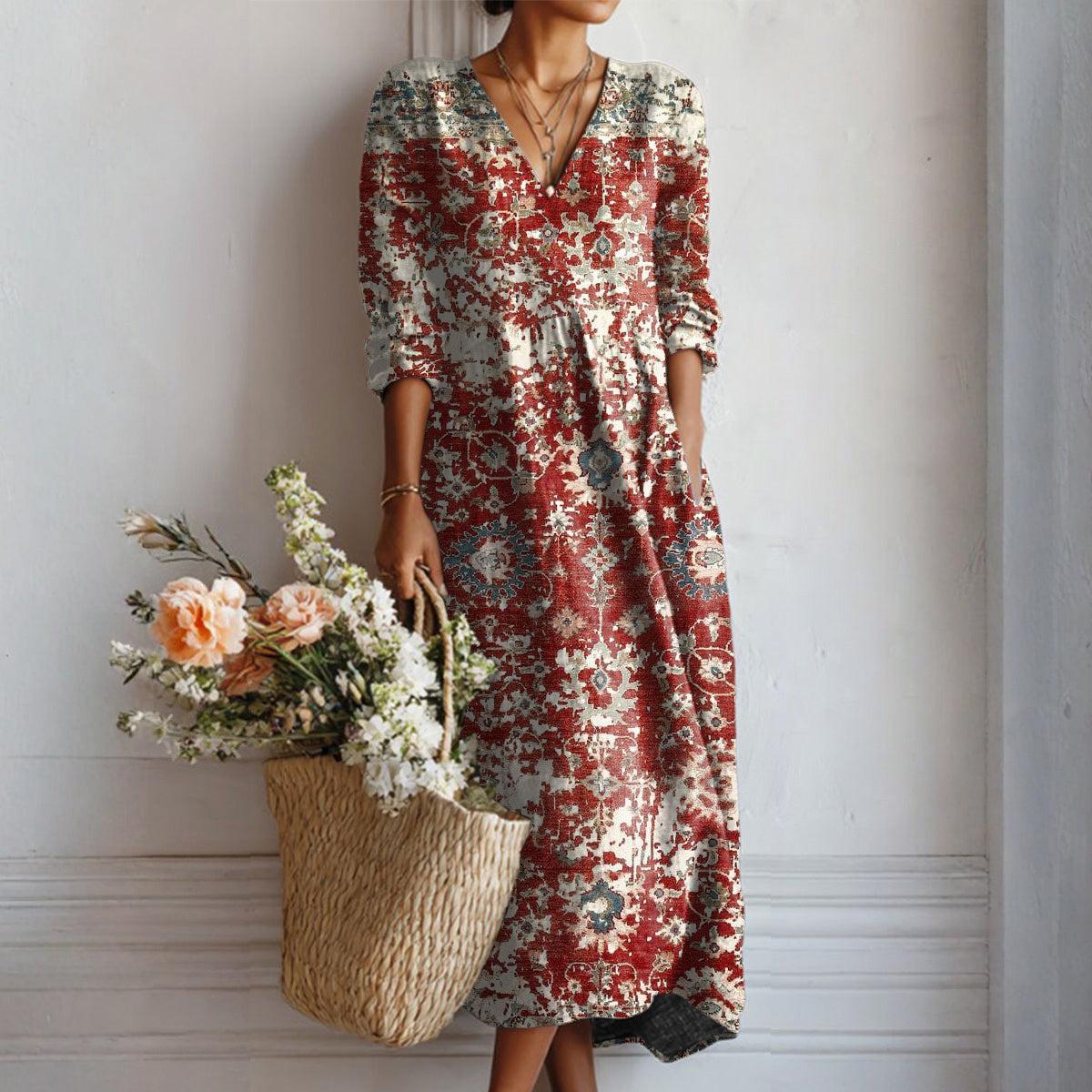 Charmantes V-Ausschnitt Midi-Kleid in Rot - Perfekt für Herbst & jeden Anlass
