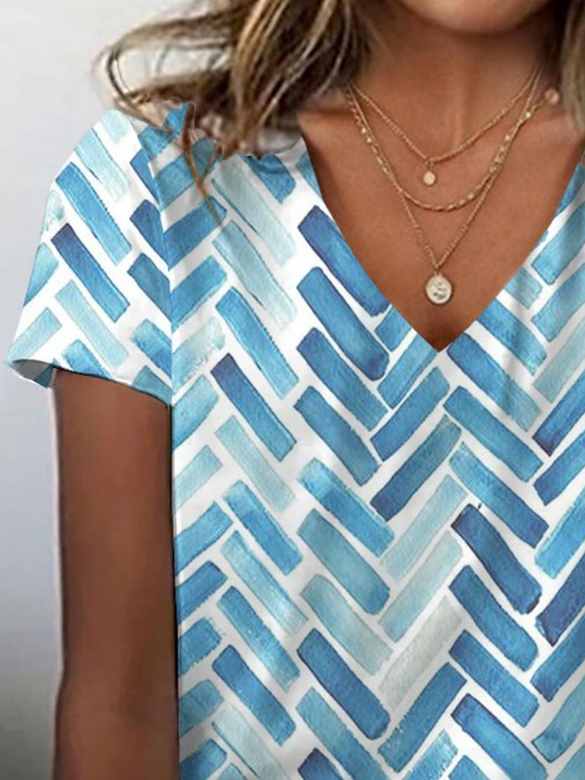 Winter V-Neck Top Blau-Weiß kurzarm – soft & stylisch