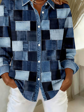 Winter Damen Jeans Patchwork Hemd Loose Fit Faux Leinen