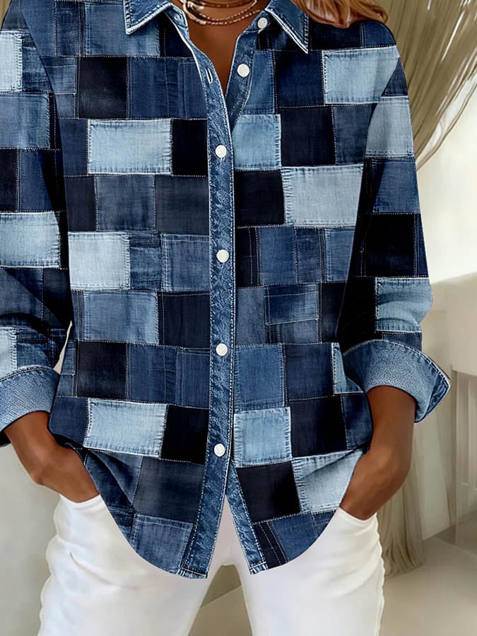 Winter Damen Jeans Patchwork Hemd Loose Fit Faux Leinen