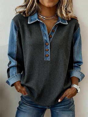 Winter Chic: Casual Patchwork Denim Sleeve Polo Top - Perfekt für kalte Tage