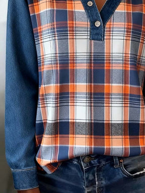Winter Damen Karohemd Denim Patchwork warmes Casual Shirt