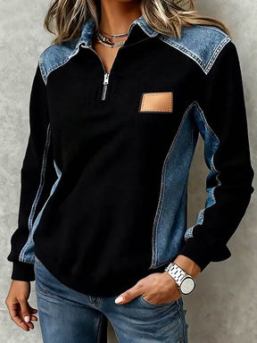 Winter Damen Waffelstrick Pullover Loose Fit mit Denim-Details