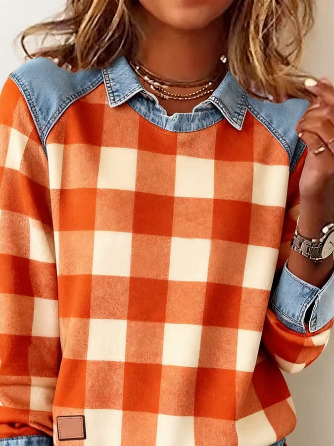 Kariertes Winter Sweatshirt Orange-Creme mit Denim-Details
