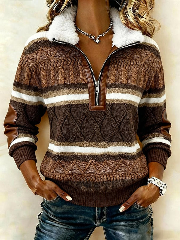 Damen Winter Sweatshirt Color Block mit Teddykragen Braun