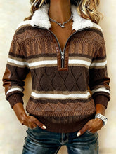 Damen Winter Sweatshirt Color Block mit Teddykragen Braun