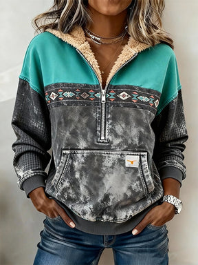 Kuscheliger Winter Hoodie Damen Ethno Grau Türkis Vintage