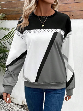 Trendy Color Block Langarm-Top - Herbstsmode mit Luxuskomfort