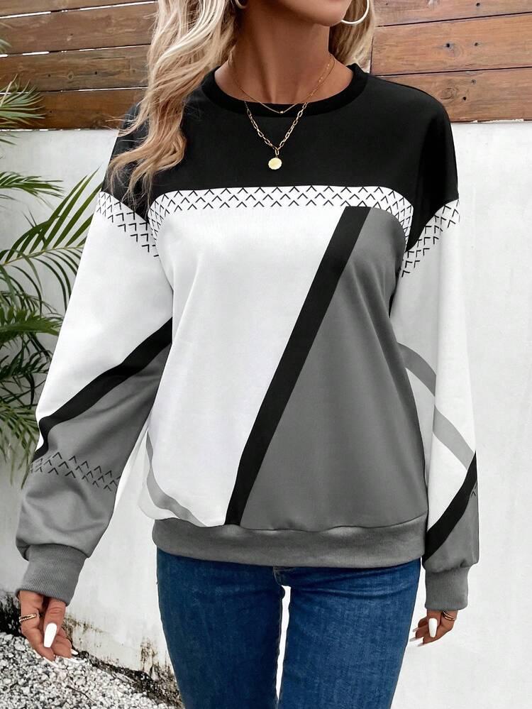 Trendy Color Block Langarm-Top - Herbstsmode mit Luxuskomfort