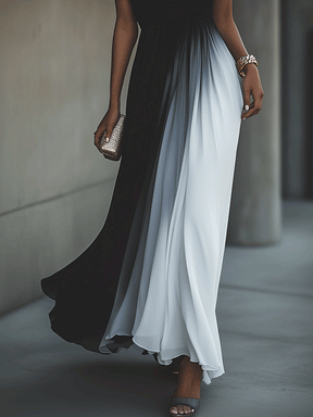 Basic Color Block Black Maxi Dress - Elegantes Herbstskleid in A-Linie