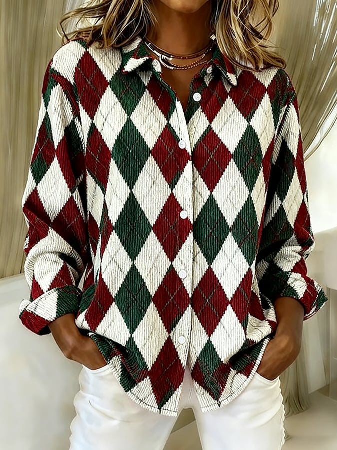 Damen Weihnachts Hemd Winter Kariert Diamond Muster S-5XL