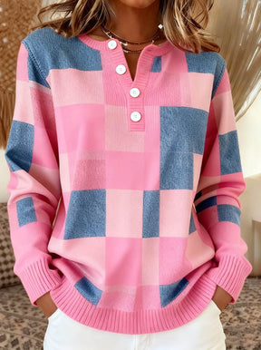 Winter Damen Strickshirt Rosa Blau Henley Longsleeve Warm