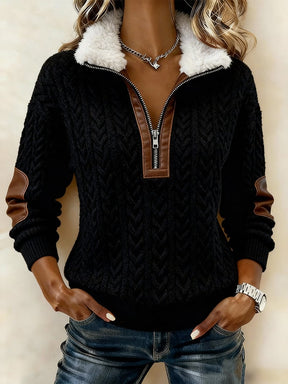 Damen Winter Half-Zip Strickpullover mit Teddykragen Cream