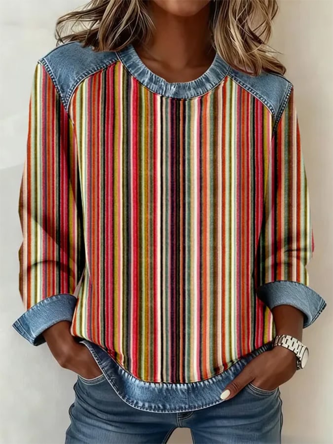 Warmer Retro Streifenpullover mit Denim-Details für Winter