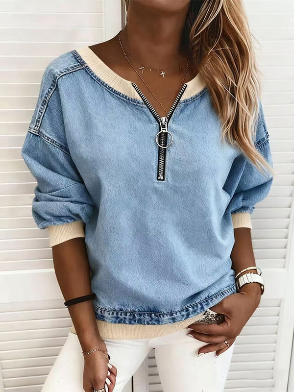 Winter Damen Half-Zip Denim Sweatshirt warm & stylisch