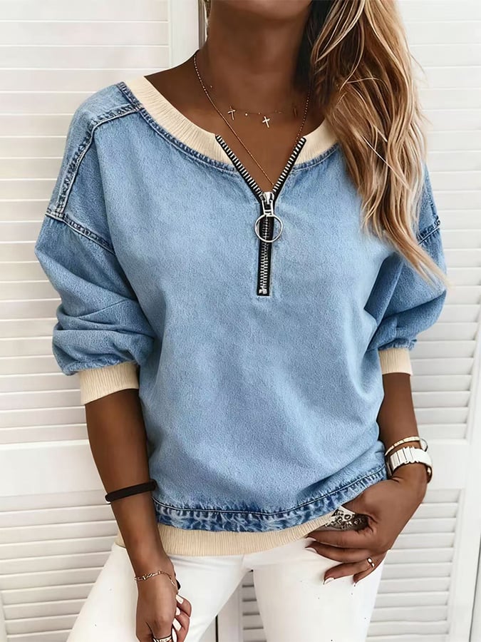 Winter Damen Half-Zip Denim Sweatshirt warm & stylisch