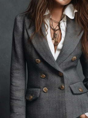 Herbst-Chic Vintage Herringbone Doppelreihiger Langarm Blazer