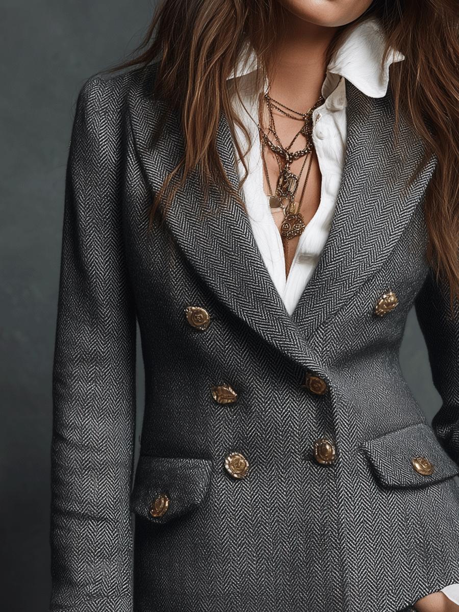 Herbst-Chic Vintage Herringbone Doppelreihiger Langarm Blazer
